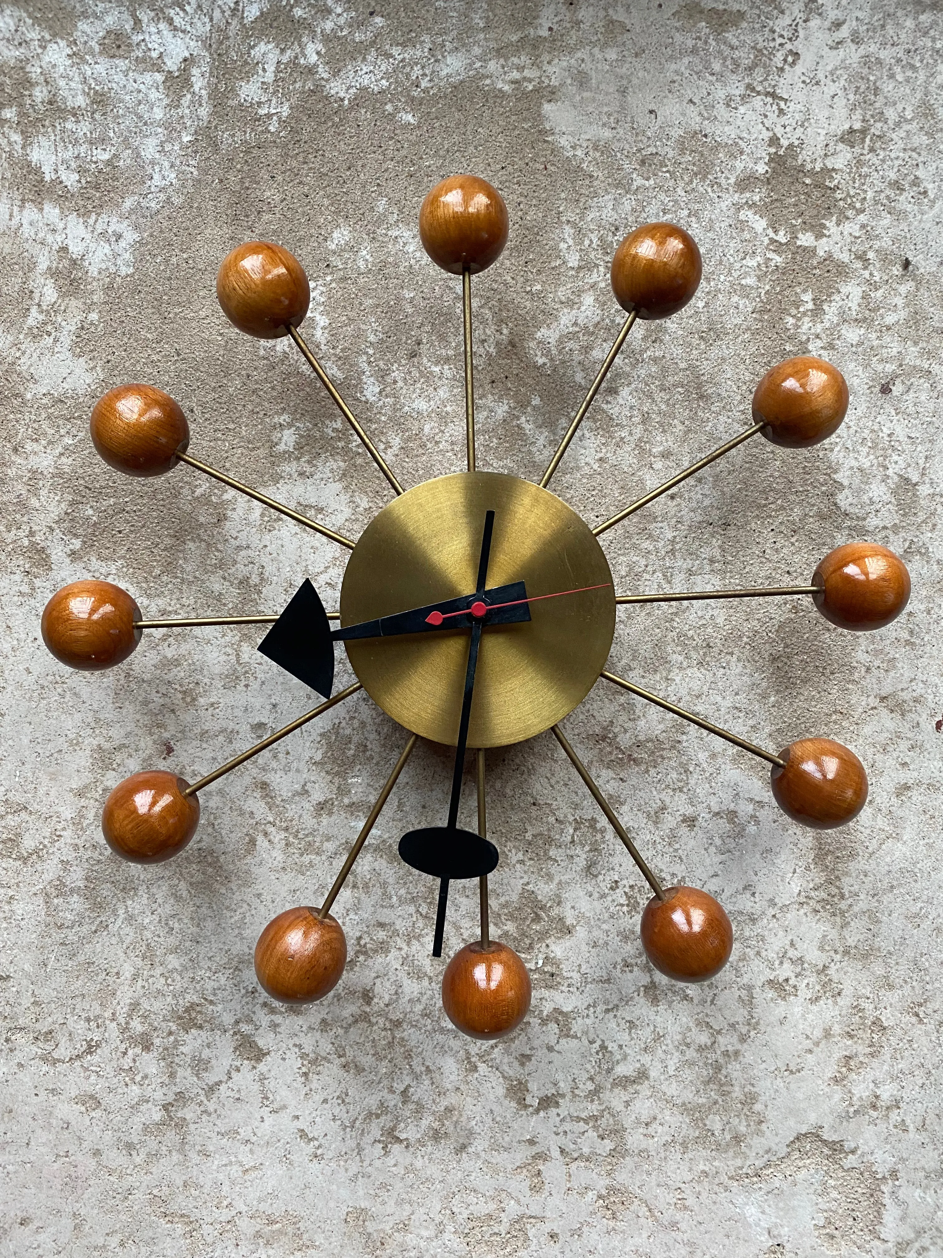 George Nelson Mid Century Ball Clock in Brass and Wood