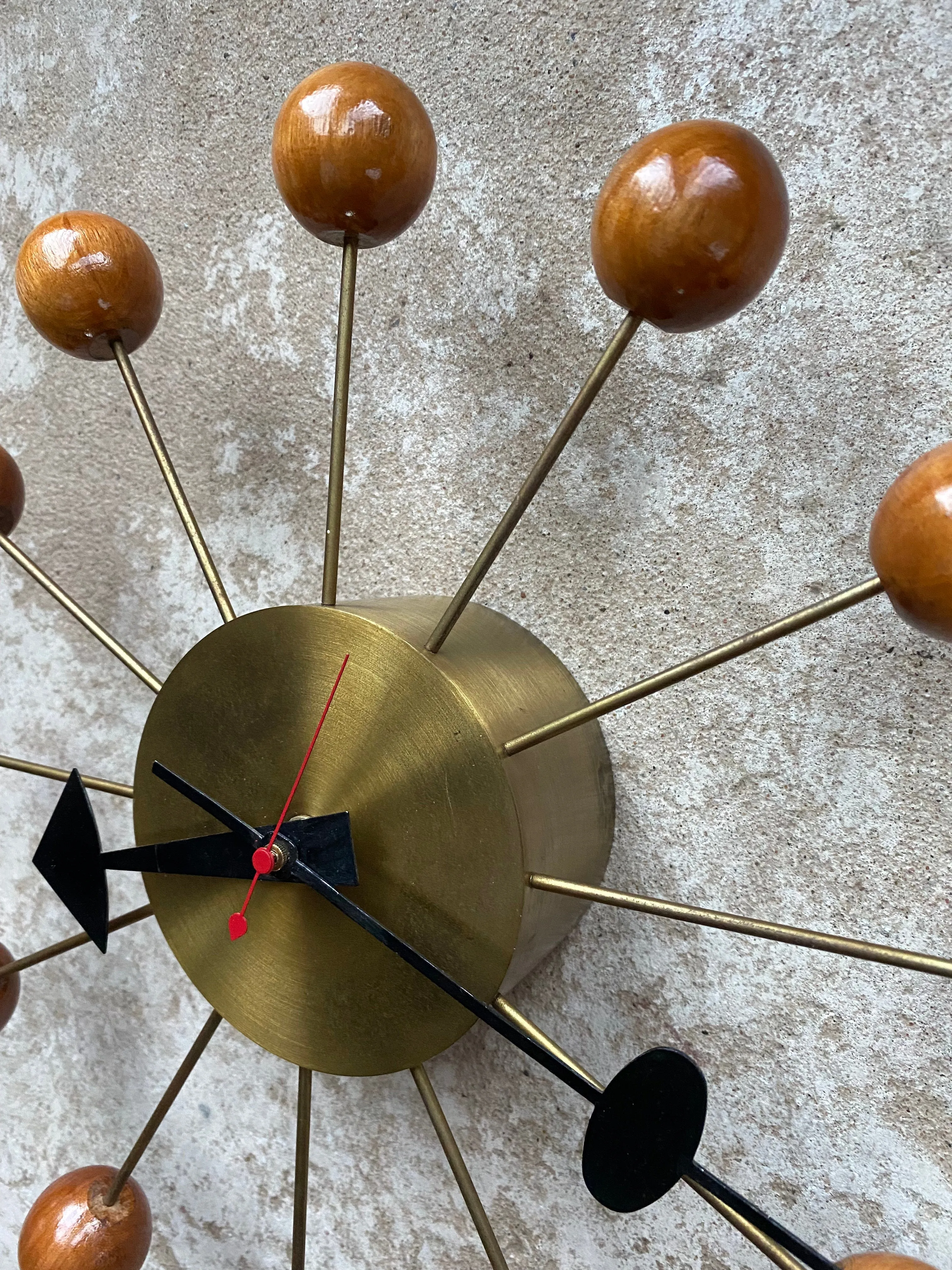 George Nelson Mid Century Ball Clock in Brass and Wood