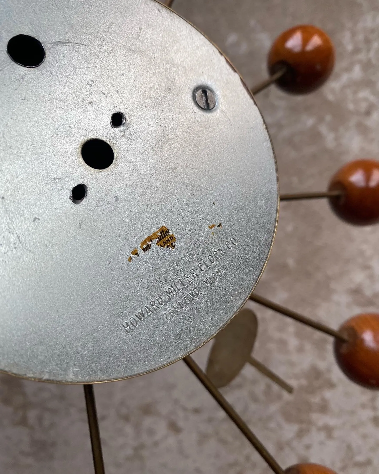 George Nelson Mid Century Ball Clock in Brass and Wood