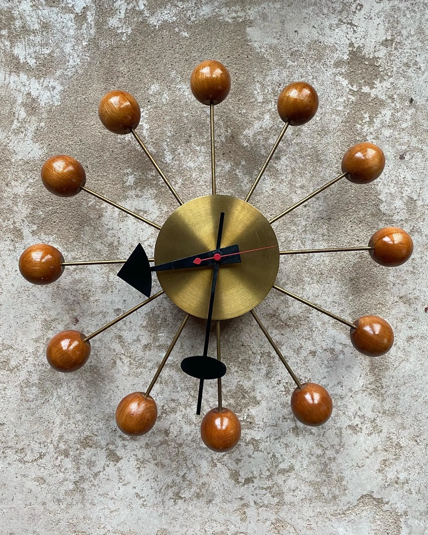 George Nelson Mid Century Ball Clock in Brass and Wood