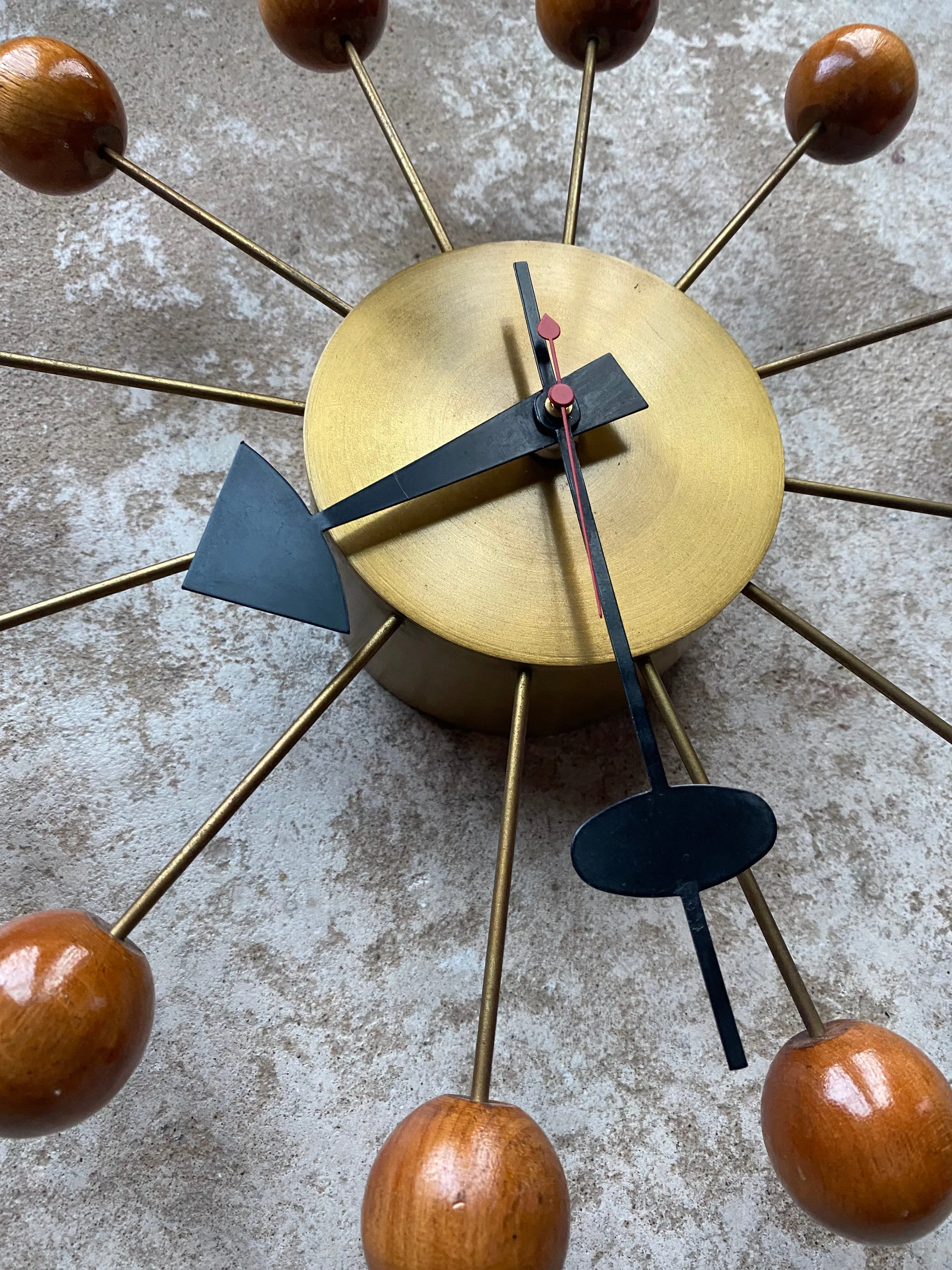 George Nelson Mid Century Ball Clock in Brass and Wood