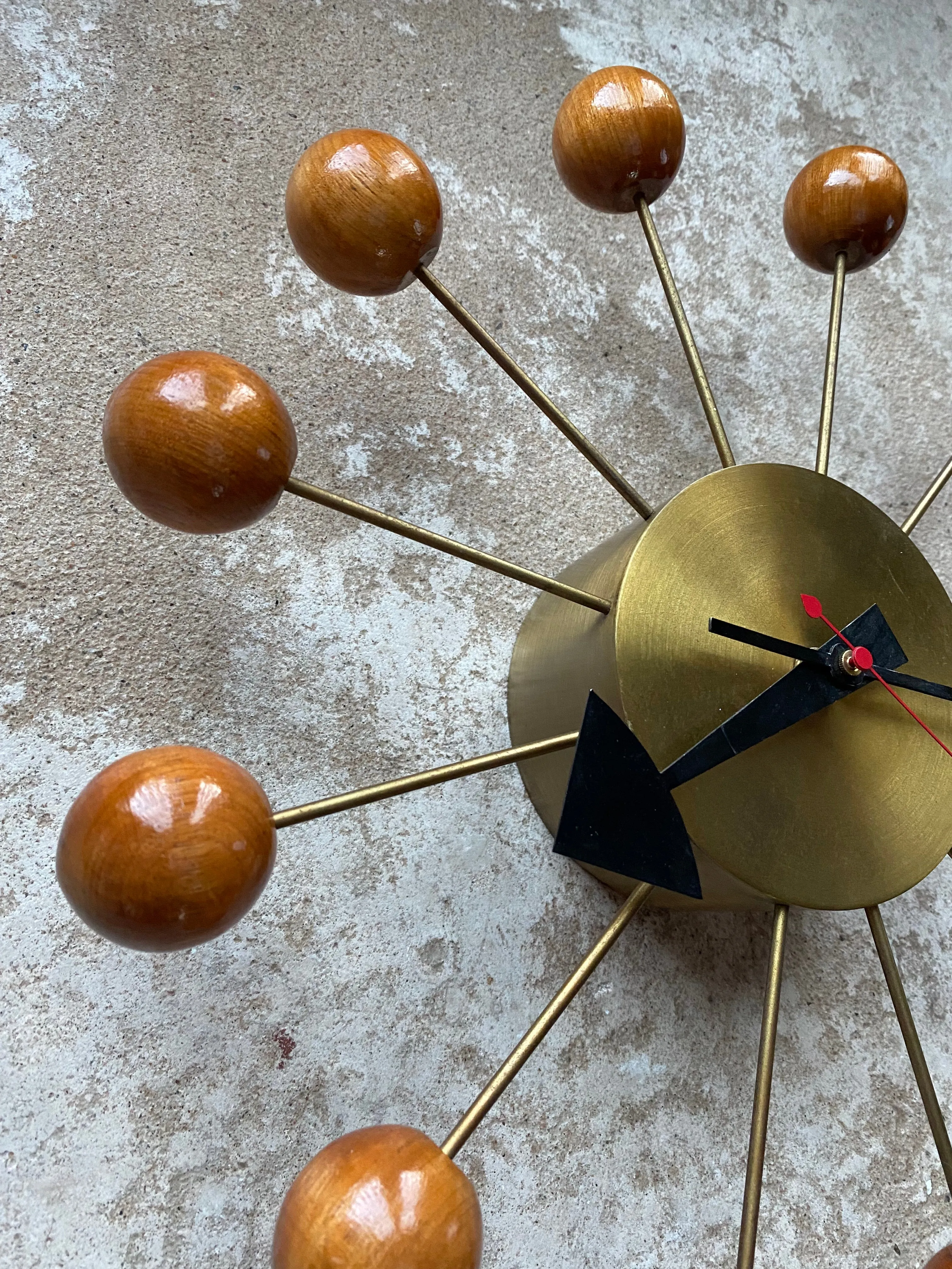George Nelson Mid Century Ball Clock in Brass and Wood