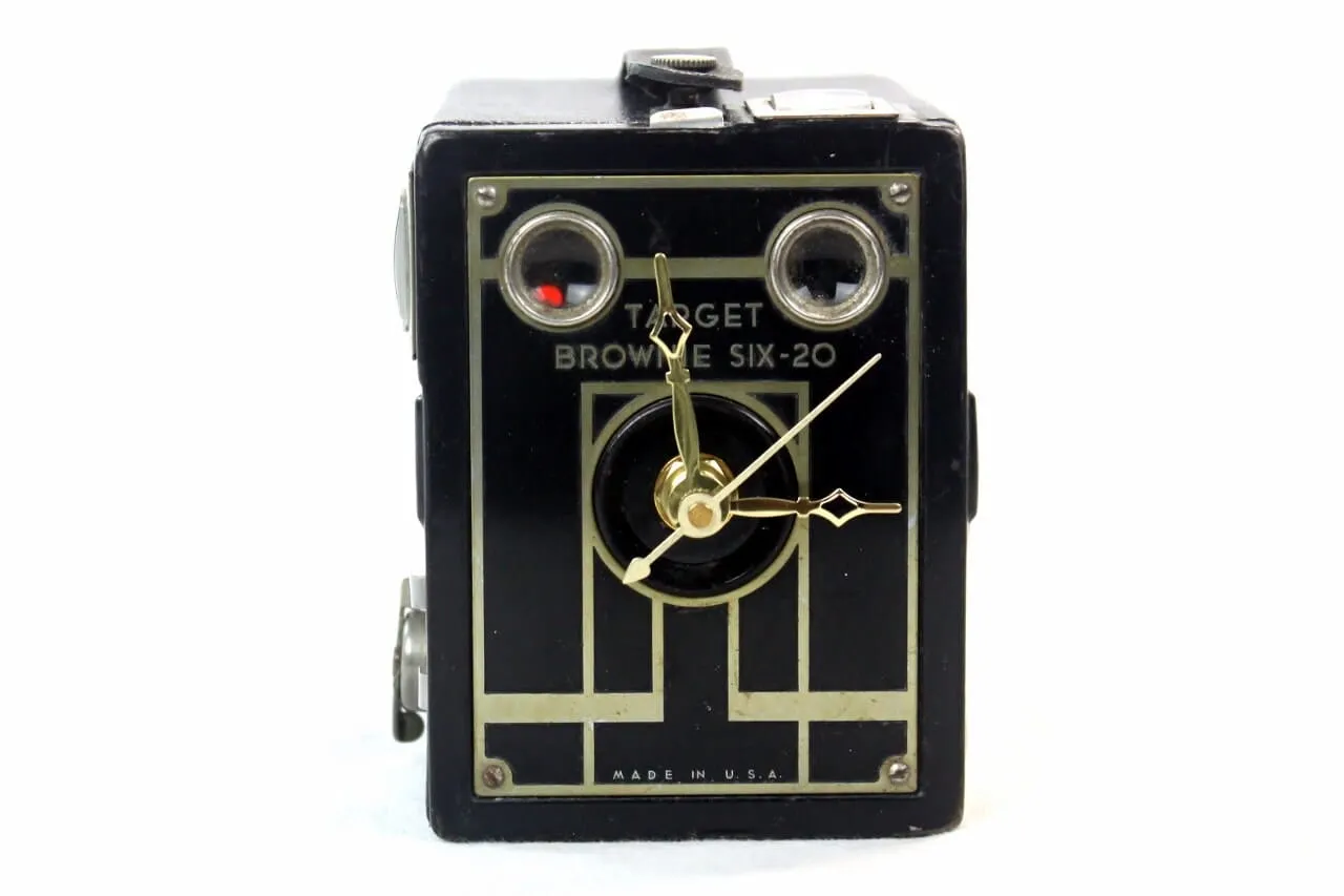 Golden Art Deco Vintage Brownie Target Six-20 Camera Clock, retirement gift, eco-friendly Photographer gift, mid-century design