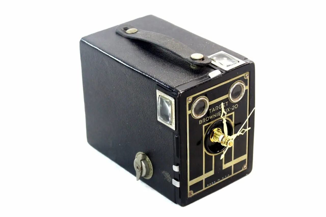 Golden Art Deco Vintage Brownie Target Six-20 Camera Clock, retirement gift, eco-friendly Photographer gift, mid-century design