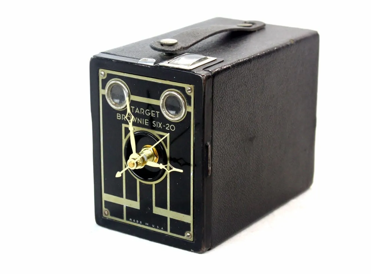 Golden Art Deco Vintage Brownie Target Six-20 Camera Clock, retirement gift, eco-friendly Photographer gift, mid-century design