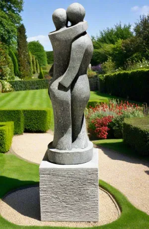 Hand Carved Sandstone Lovers Embrace Stone Sculpture With Plinth