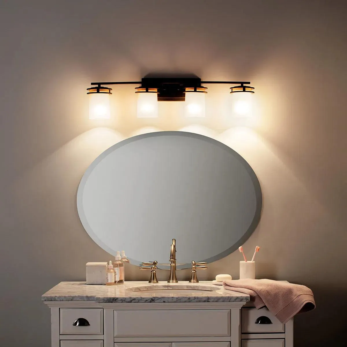 Hendrik 34 In 4-Lights Bathroom Vanity Light With Satin Etched Cased Opal Glass, Chrome Finish