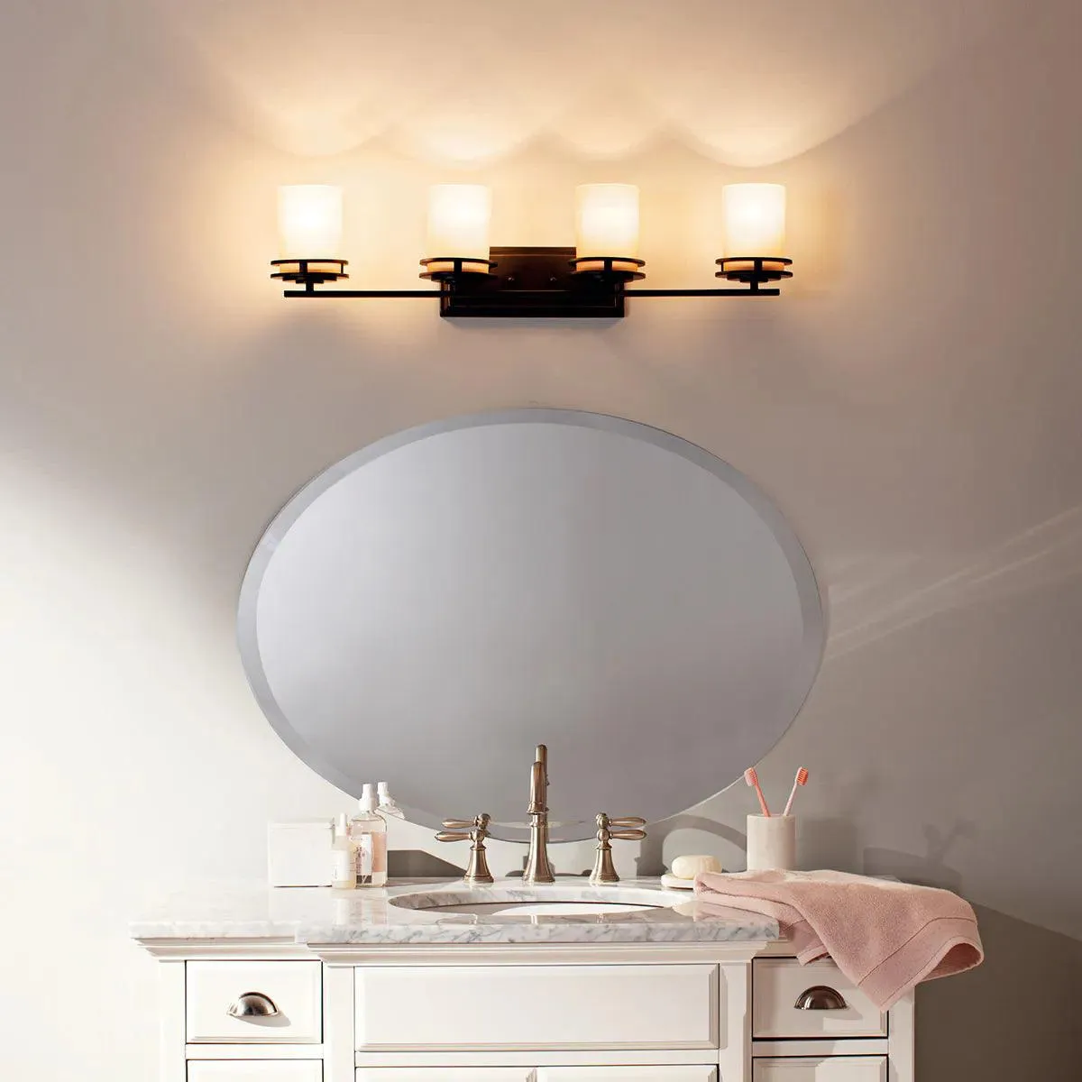 Hendrik 34 In 4-Lights Bathroom Vanity Light With Satin Etched Cased Opal Glass, Chrome Finish