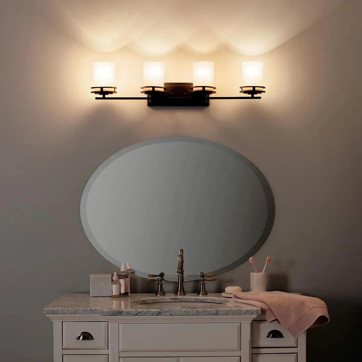Hendrik 34 In 4-Lights Bathroom Vanity Light With Satin Etched Cased Opal Glass, Chrome Finish