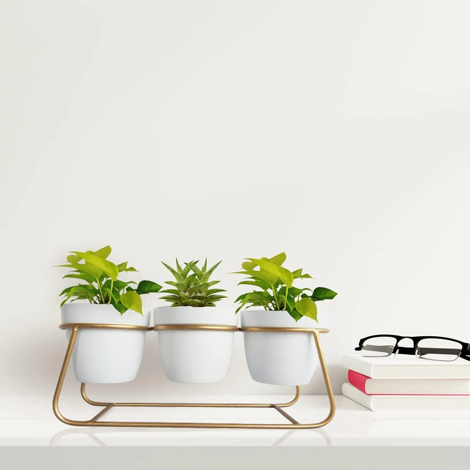 Homestic Planter|Flower Pot for Indoor|Home Décor Flowers Pot|Decorative Planter Basket|Flower Planter for Office Décor|Balcony Flower Pot|3 Planter with Golden Stand|1129-B|White