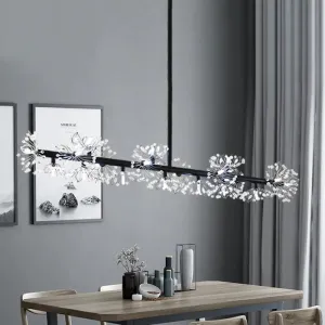 Iron Black Linear 19-Head Suspension Lamp: Modern Island Pendant Light with Crystal Bead Flower Decor