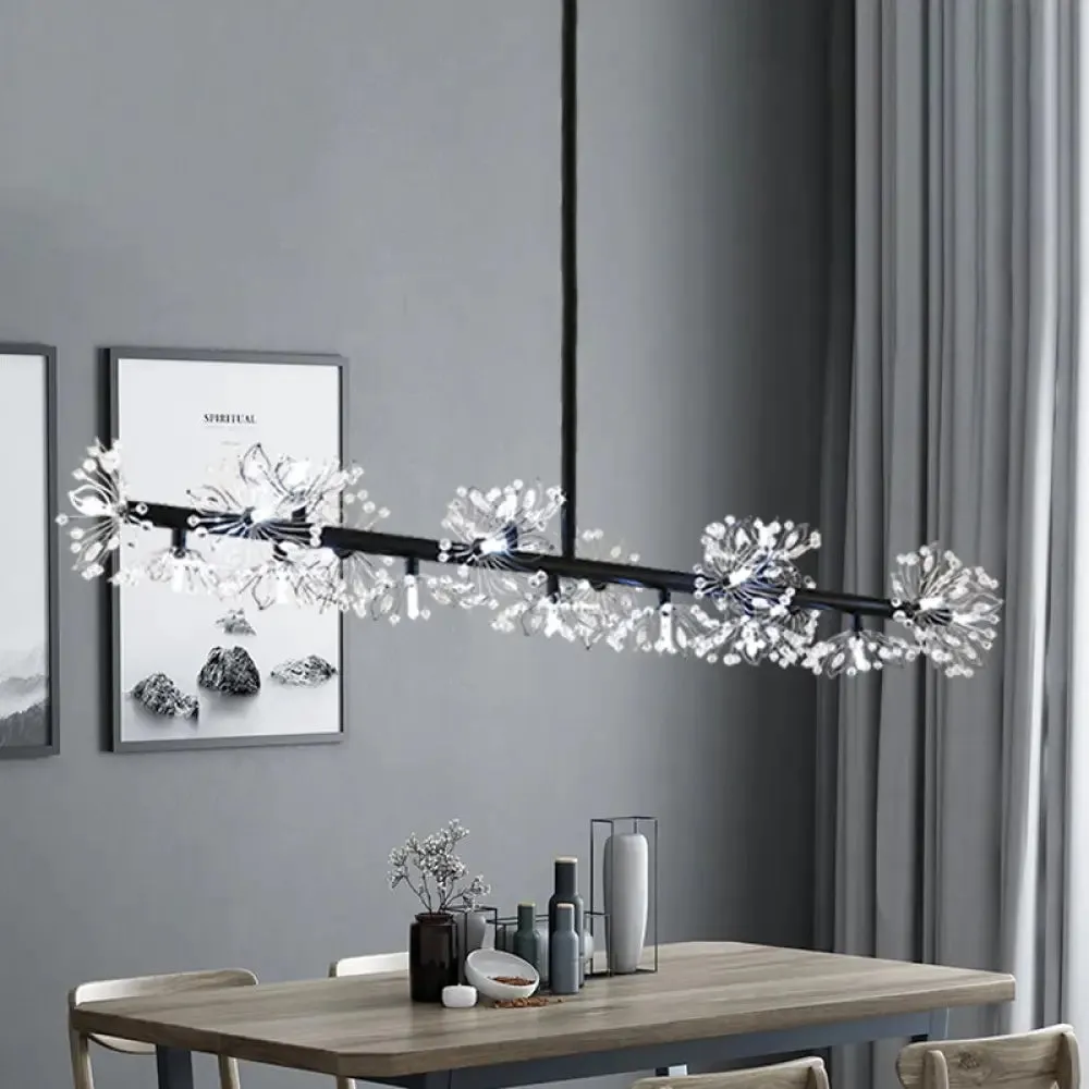 Iron Black Linear 19-Head Suspension Lamp: Modern Island Pendant Light with Crystal Bead Flower Decor