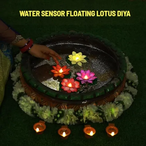 Klip2Deal Diwali Multi-Color Waterproof LED Floating Candles for Bath, Wedding, and Festival - Romantic Night Lighting with Lotus Shape | Smokeless Flameless Diya LED Candles (Plastic, Set of 3)
