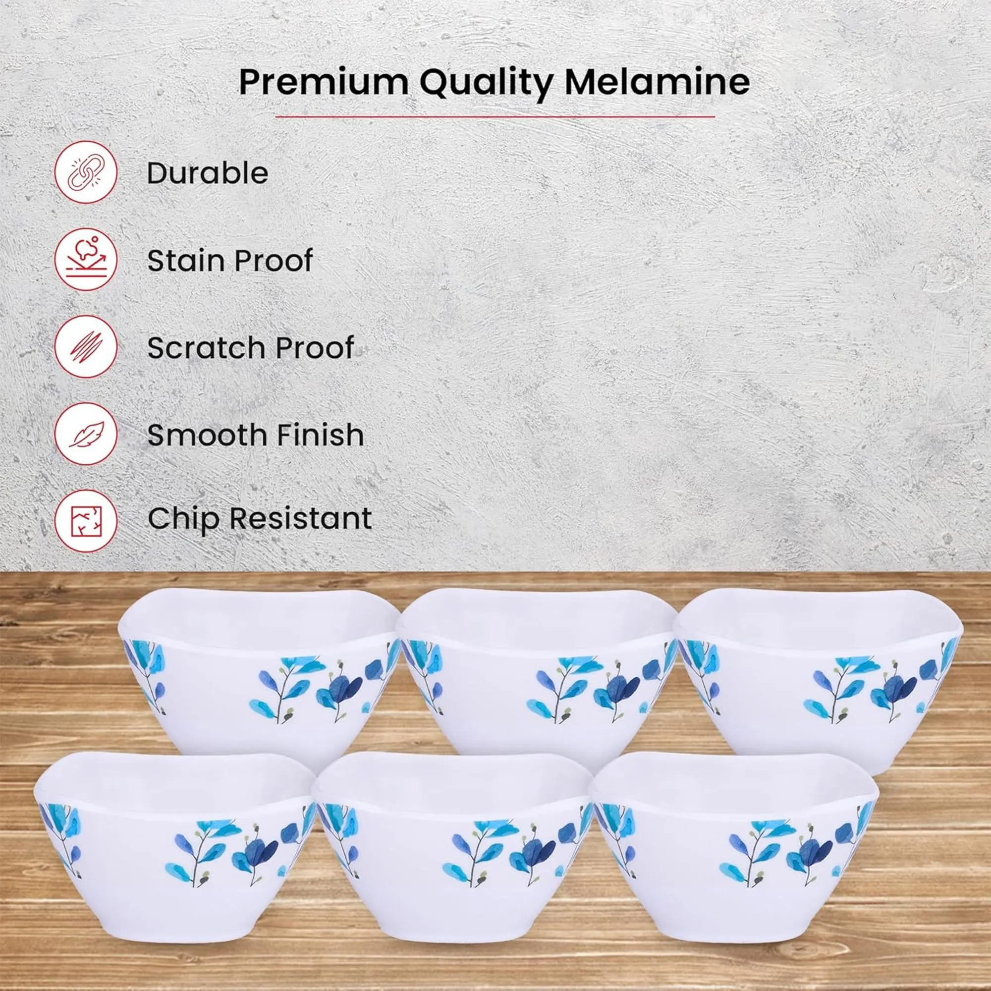 Kuber Industries Shatter Resistant Melamine White Bowls Set of 6 | Lightweight, BPA Free Aesthetic Bowl Set | Blue Flower Print - White