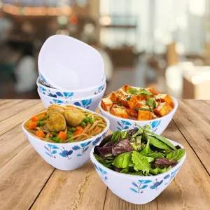 Kuber Industries Shatter Resistant Melamine White Bowls Set of 6 | Lightweight, BPA Free Aesthetic Bowl Set | Blue Flower Print - White