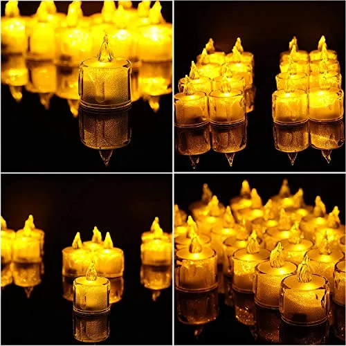 LAMPJUNCTION 48 Pc Crystal LED Candles with Dripping Wax Design Acrylic Smokeless and Flameless LED Diyas with Battery for Home Decoration/Perfect for Diwali & Gifting || Pack of 48 (Yellow)