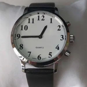 Large Male British Voice 2 Button Talking Watch White Dial Leather Strap
