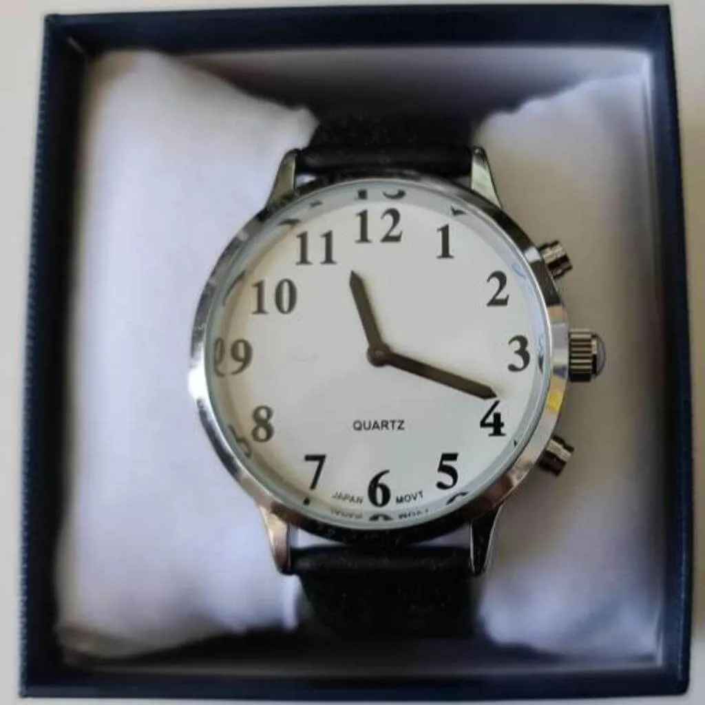 Large Male British Voice 2 Button Talking Watch White Dial Leather Strap