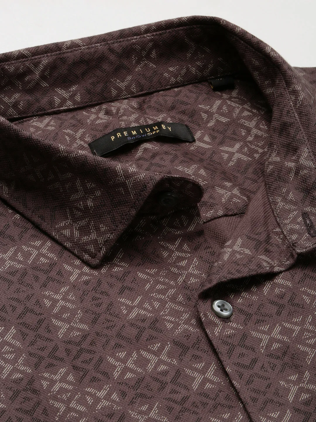 Men Brown Slim Fit Geometric Printed Oxford Weave Cotton Casual Shirt