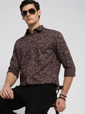 Men Brown Slim Fit Geometric Printed Oxford Weave Cotton Casual Shirt