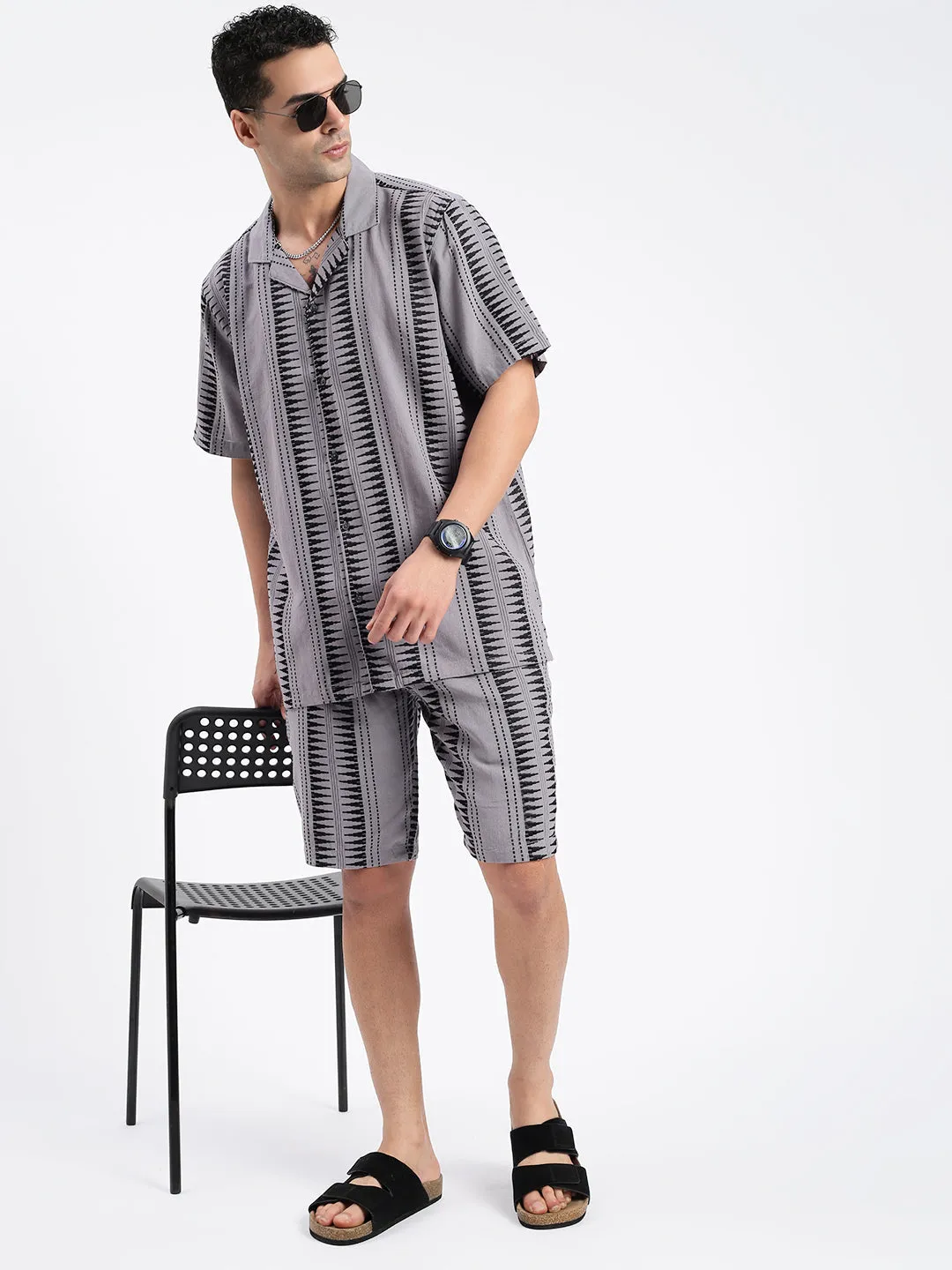Men Geometric Grey Co Ords Set
