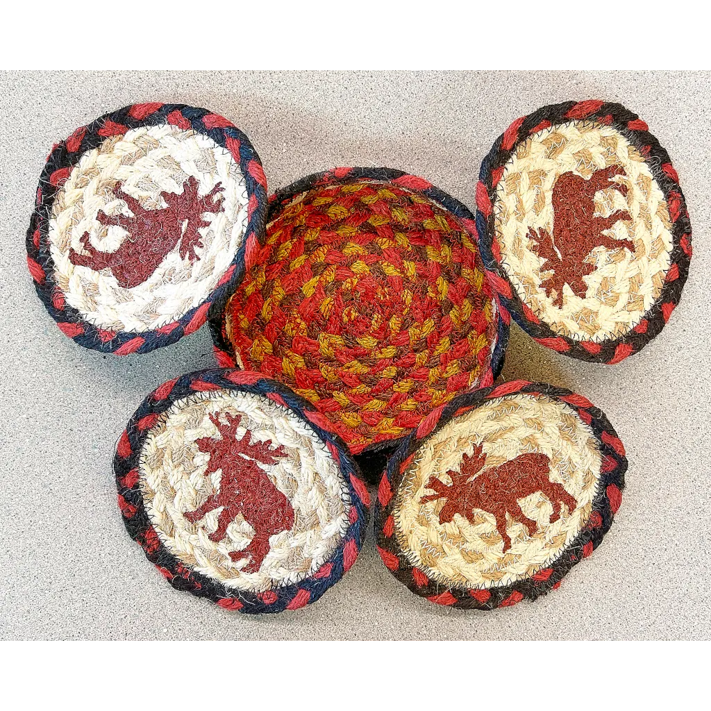Moose Woven Jute Coaster Set in Basket