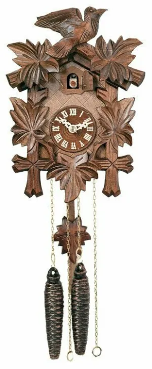 One Day Hand-Carved Cuckoo Clock with Five Maple Leaves & One Bird