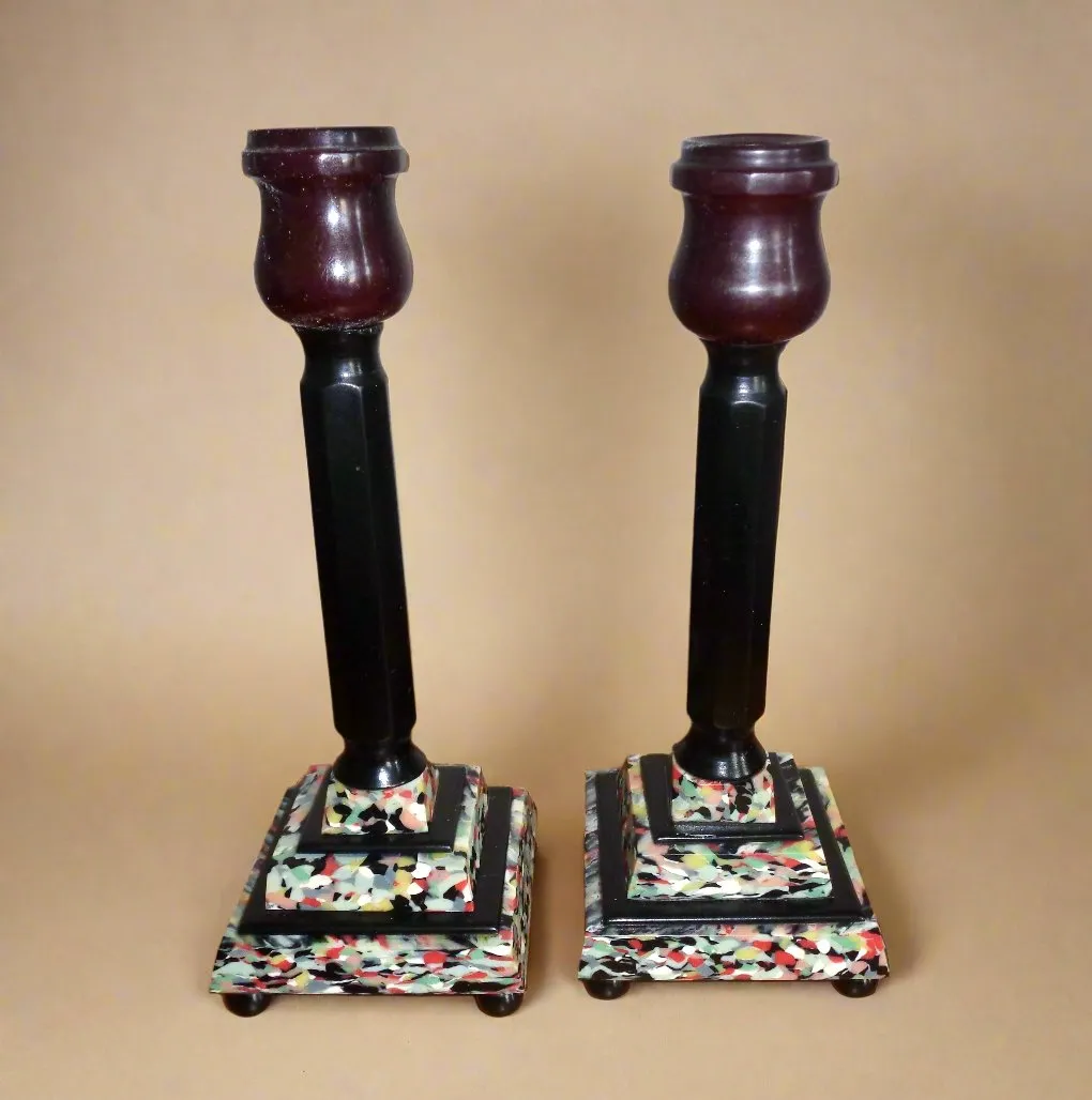 Pair Of Art Deco Mixed Bakelite And Catalin Candle Sticks With Original Green Candles