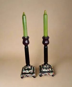 Pair Of Art Deco Mixed Bakelite And Catalin Candle Sticks With Original Green Candles