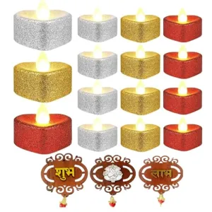 PELO Set of 12 Diwali Candles/Led Light Candles/Smokeless Led Light Candles with Shub Labh Hanging Sticker for Diwali Decoration Pack of 1