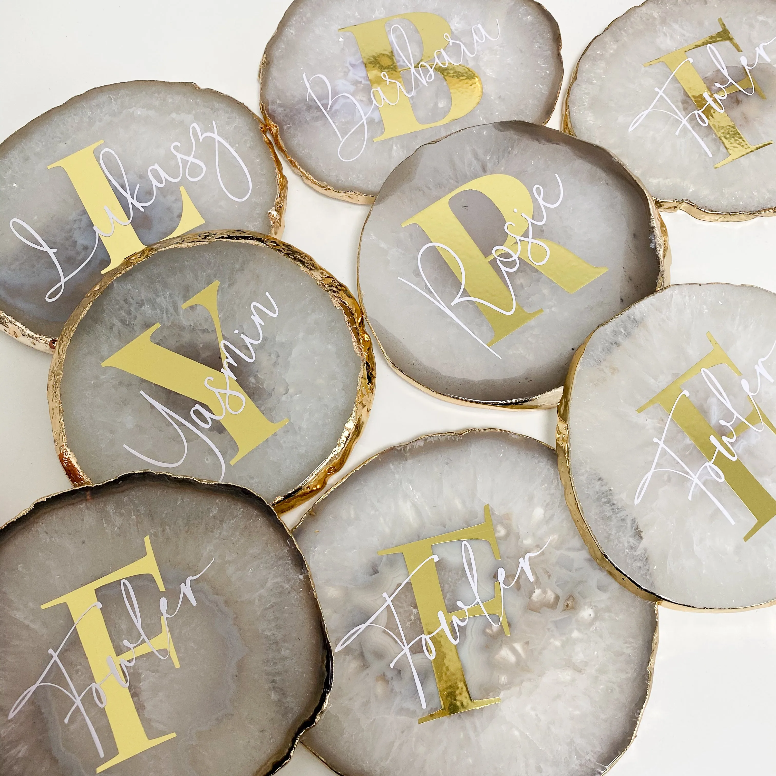 Personalised Agate Crystal Coasters with Gold Edge
