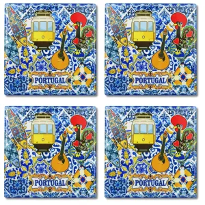 Portuguese Heritage Tile Azulejo Ceramic Coasters with Cork Base - Set of 4
