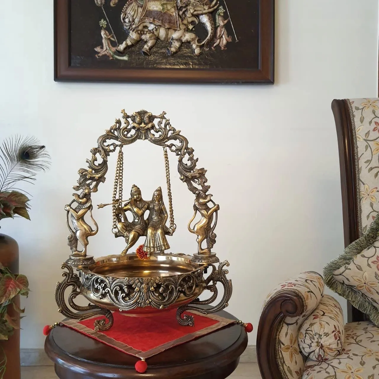 Radha Krishna Swing Decorative Brass Urli