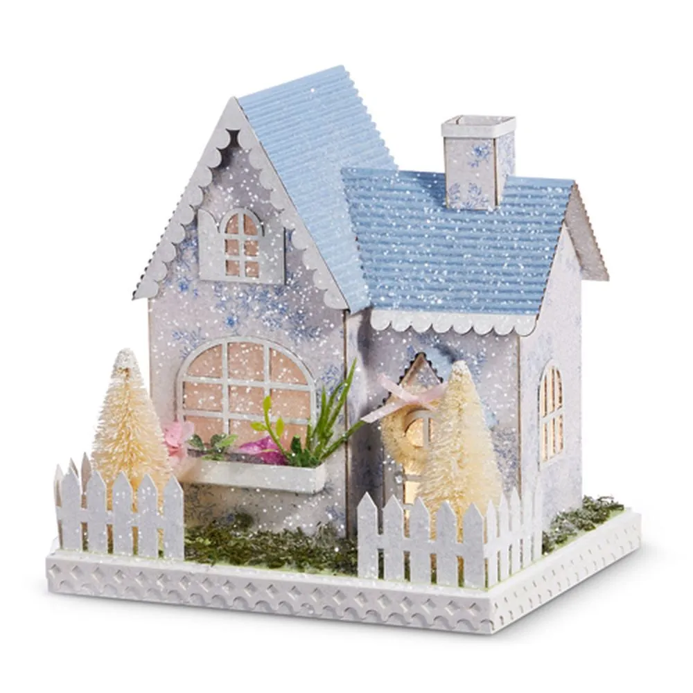 Raz Imports 2024 Easter Lighted White With Blue Floral House