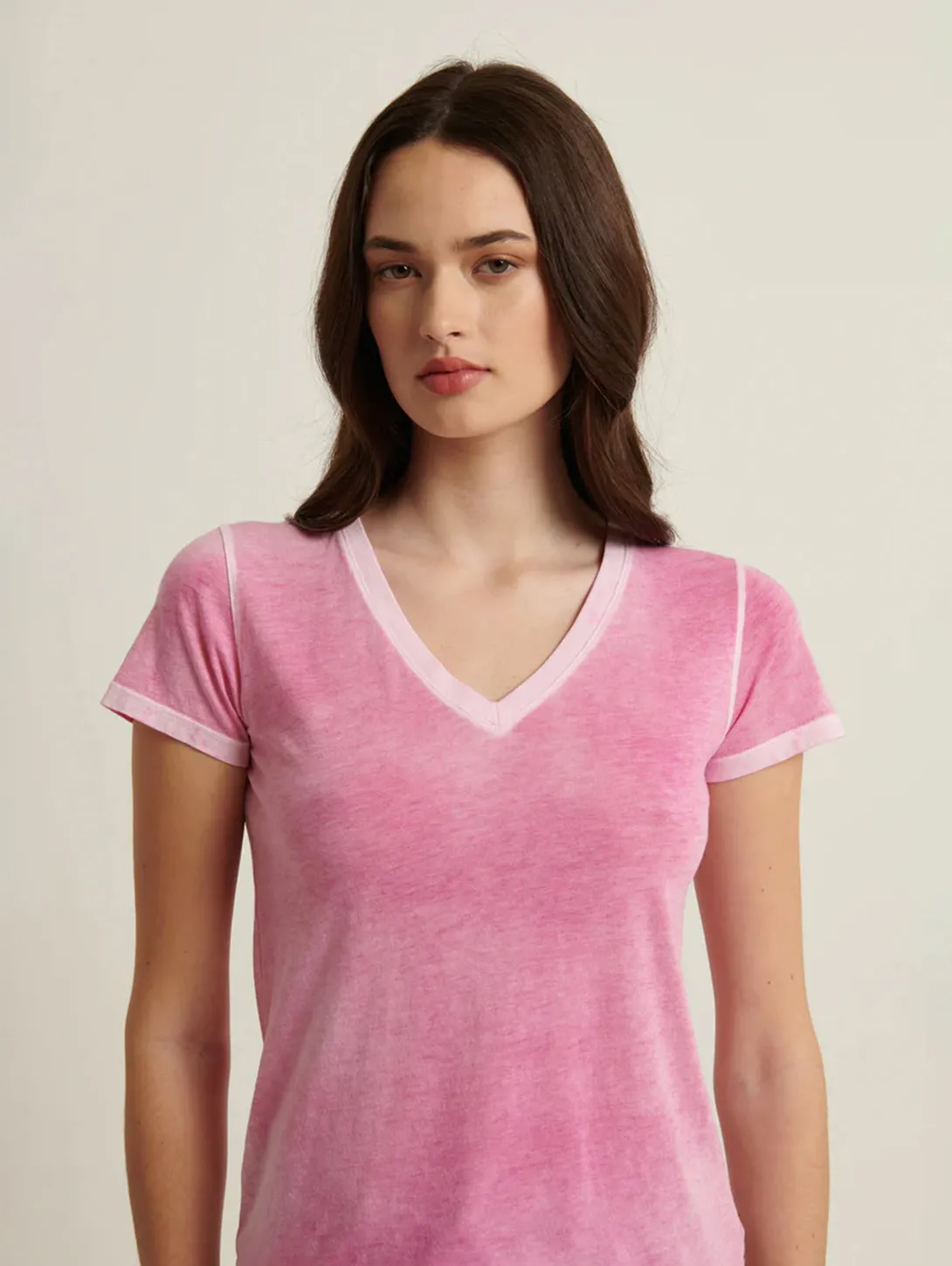 Reverse Spray Pima V Neck Tee - Fuschia