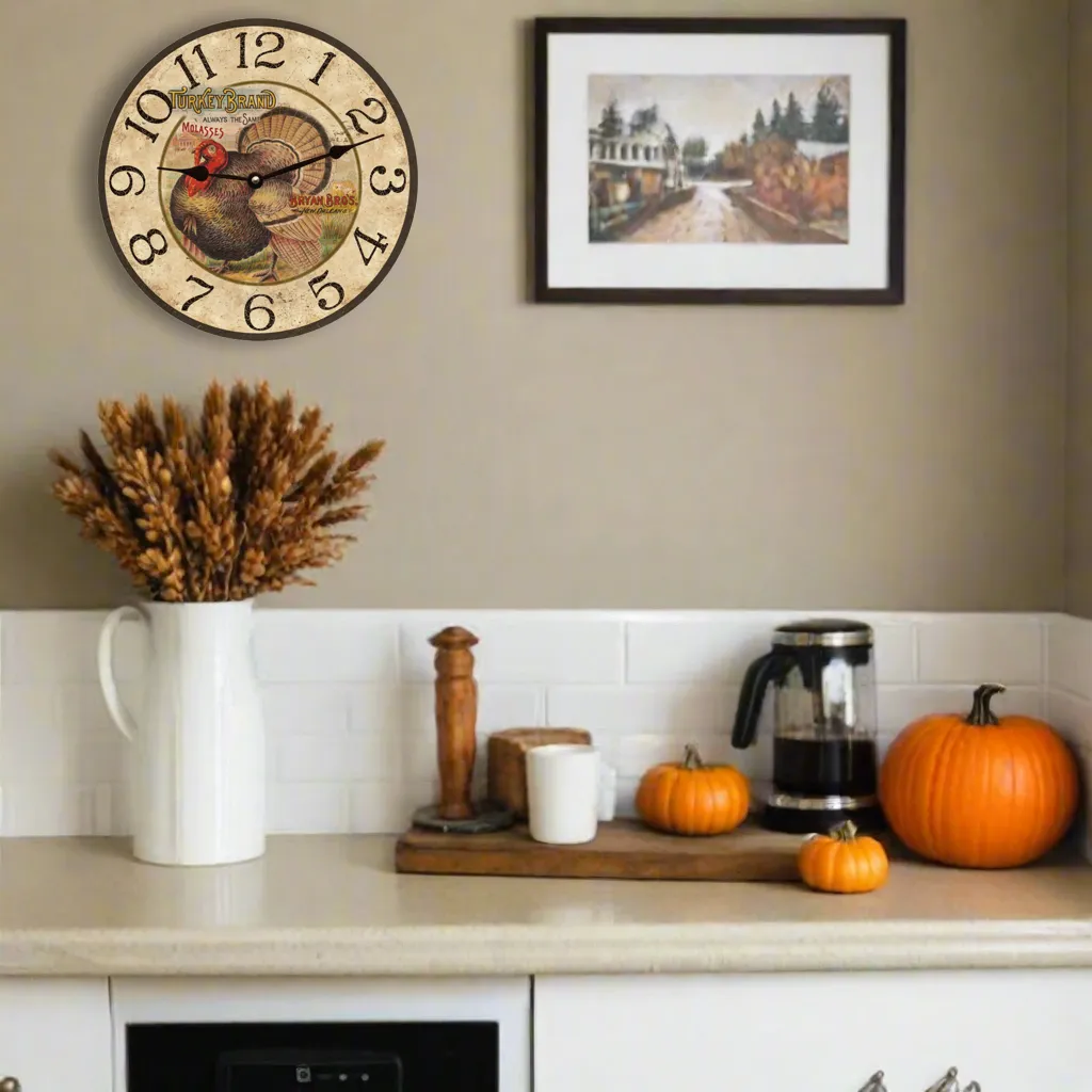 Rustic Turkey Wall Clock - Thanksgiving Clock