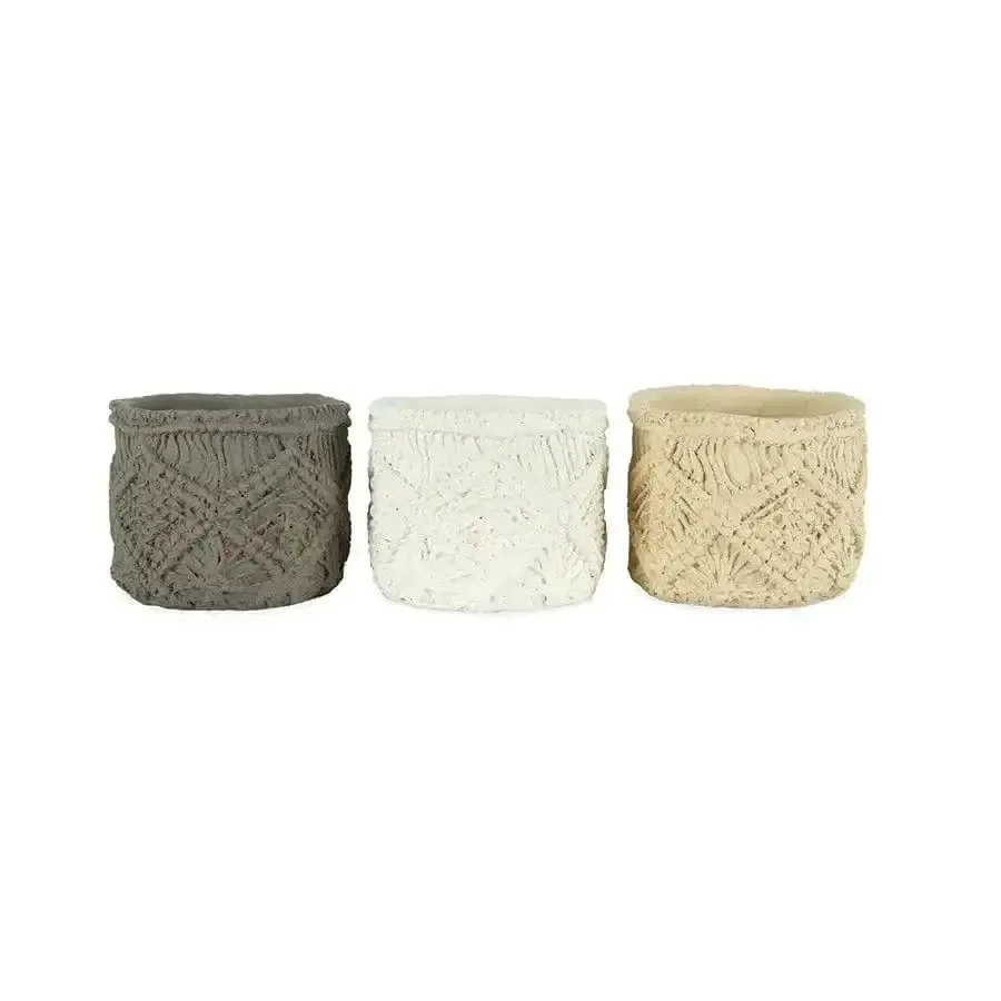 Set of 3 cement 'Macrame' Planters with drain hole and plug