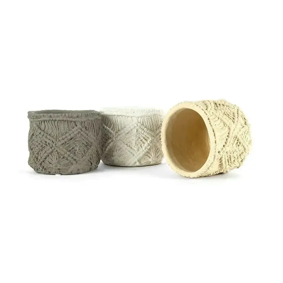 Set of 3 cement 'Macrame' Planters with drain hole and plug