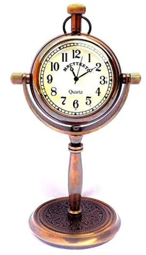 Table Clock Brass Antique Vintage Nautical Brass Stand Clock Table Desk Rounded Shape Clock with Bold Numbers Vintage for Home Study Living Room and Office Living Room Décor