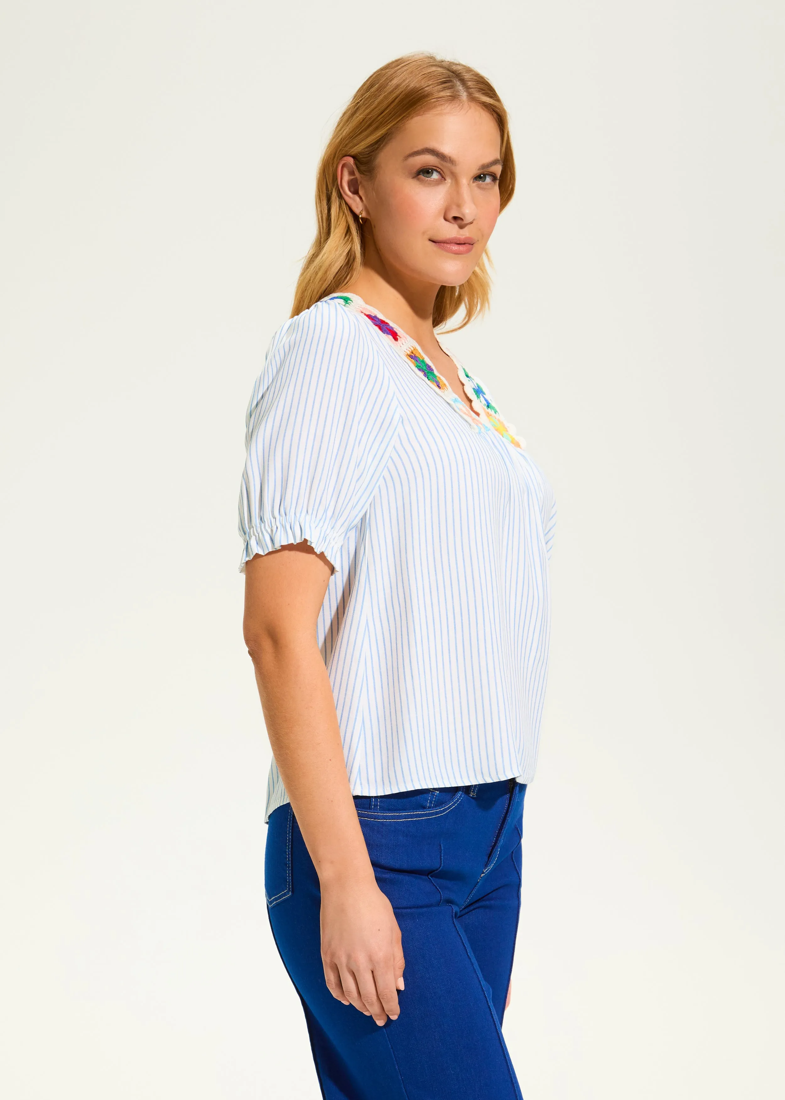V-Neck Crochet Trim Blouse, Blue Stripe