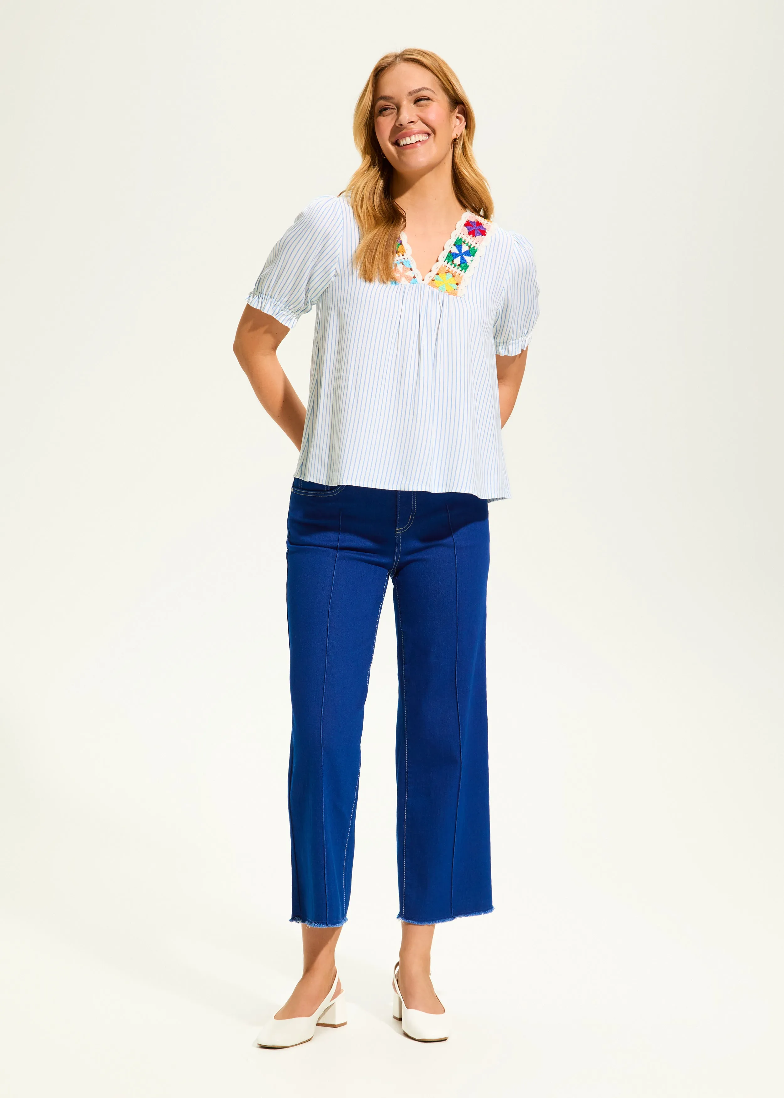 V-Neck Crochet Trim Blouse, Blue Stripe