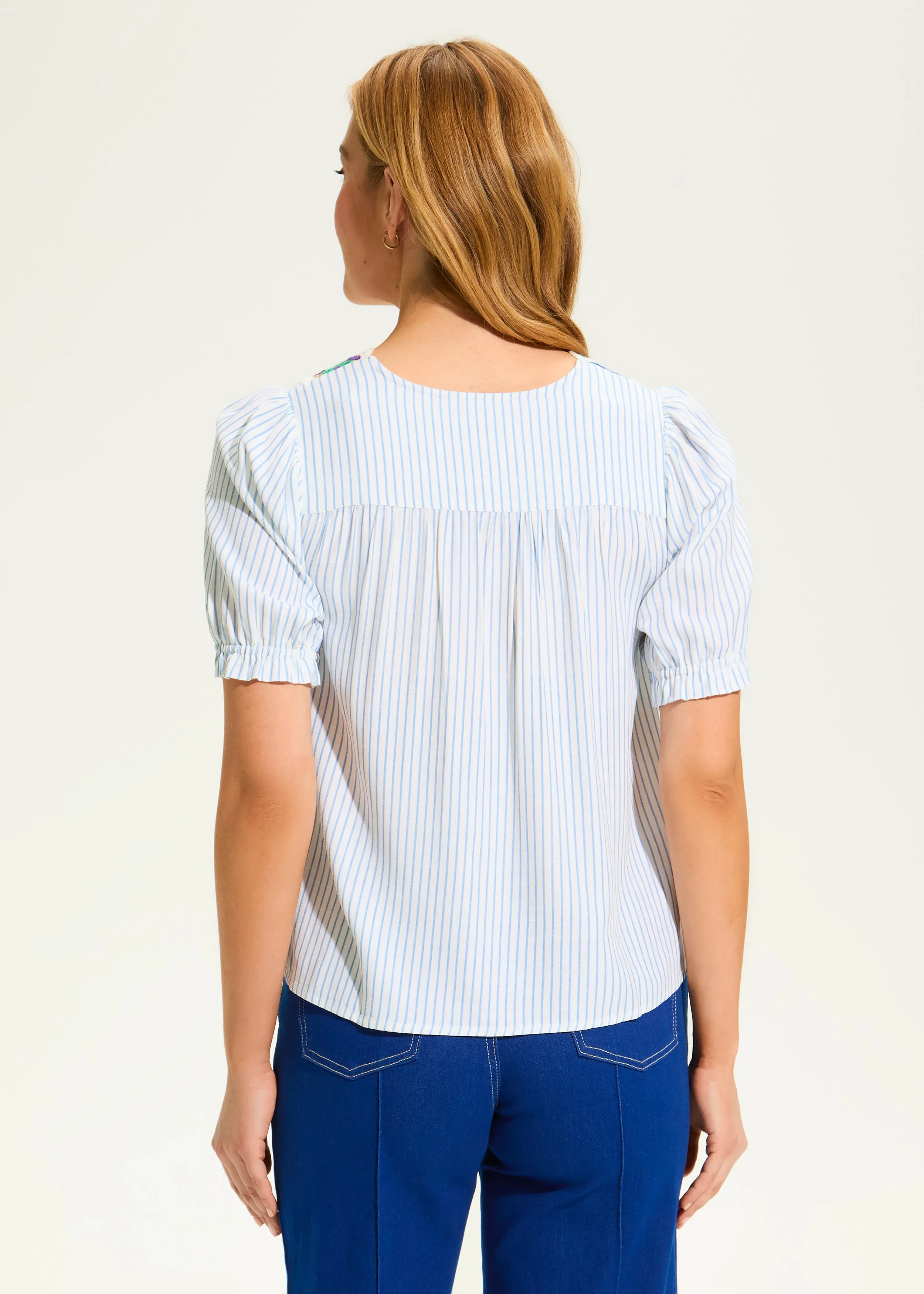 V-Neck Crochet Trim Blouse, Blue Stripe