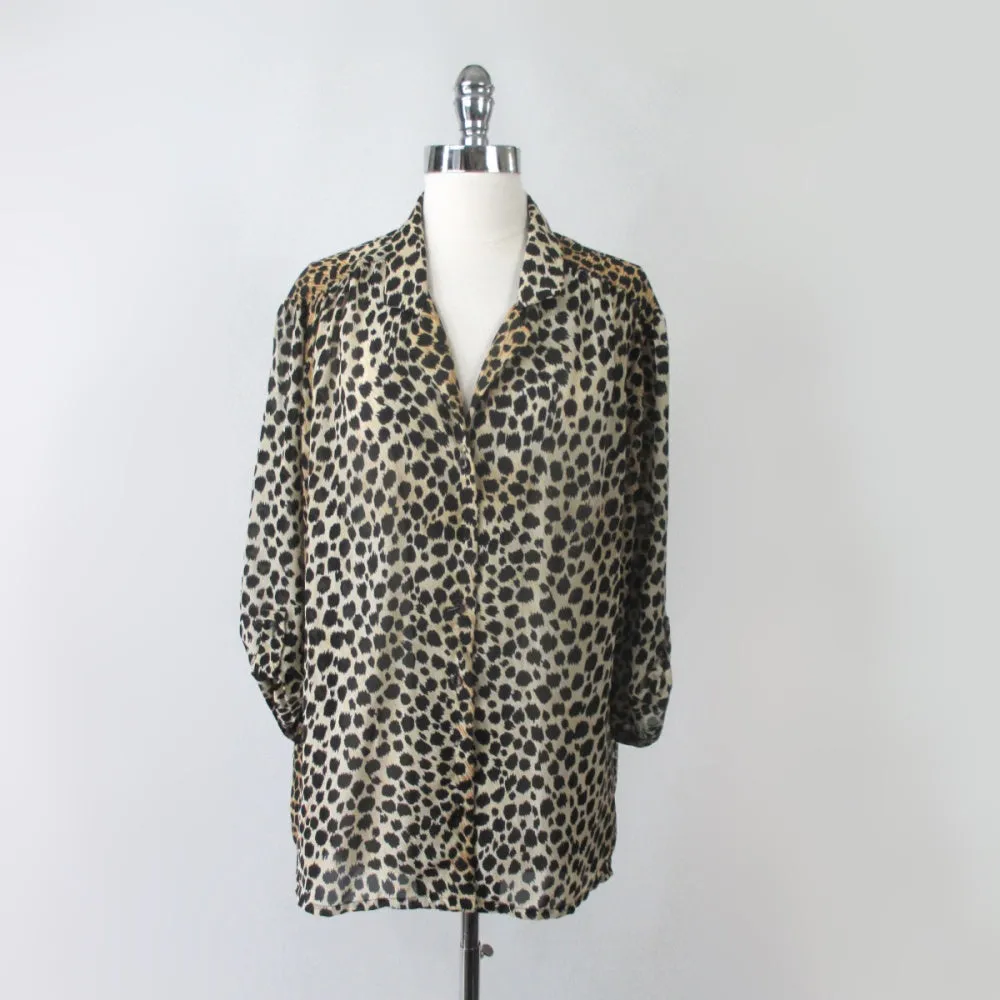 Vintage 70s 80s Leopard Print Blouse Top XL
