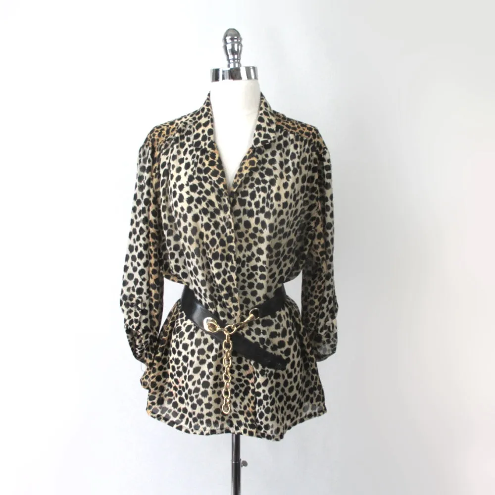 Vintage 70s 80s Leopard Print Blouse Top XL