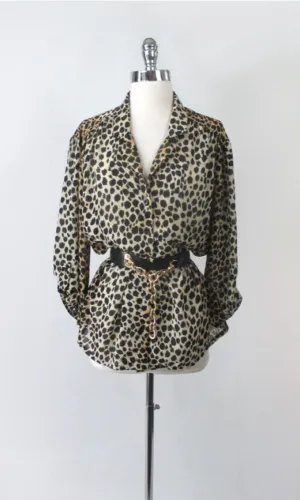 Vintage 70s 80s Leopard Print Blouse Top XL
