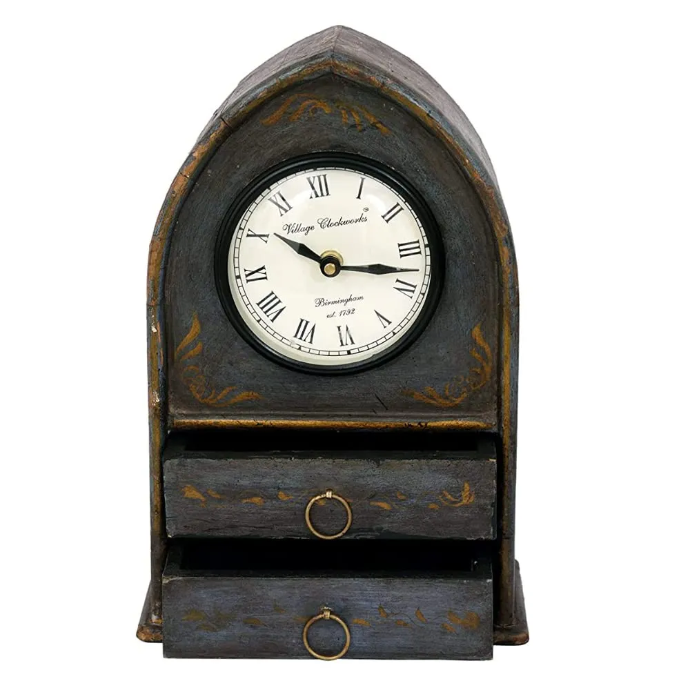 VMAntique Decor Handicraft Showpiece Table-Clock, Wooden Floral Painted Drawer-Clock,Gift Item Table-Clock, Study-Office-Drawing Room Decors Table-Clock