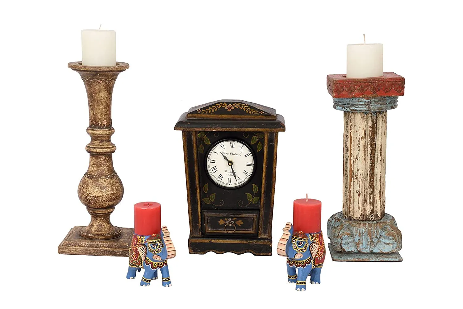 VMAntique Decor Handicraft Showpiece Table-Clock, Wooden Floral Painted Drawer-Clock,Gift Item Table-Clock, Study-Office-Drawing Room Decors Table-Clock
