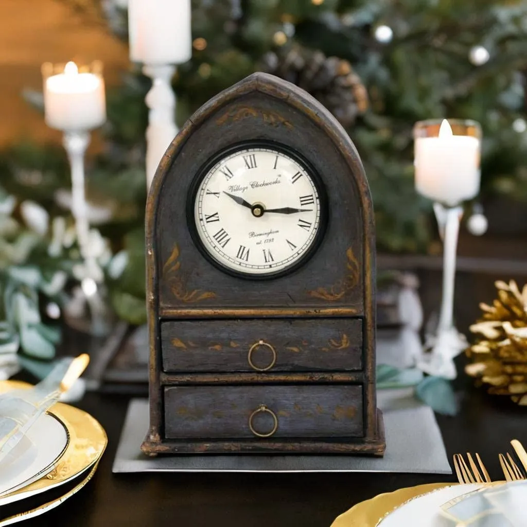 VMAntique Decor Handicraft Showpiece Table-Clock, Wooden Floral Painted Drawer-Clock,Gift Item Table-Clock, Study-Office-Drawing Room Decors Table-Clock