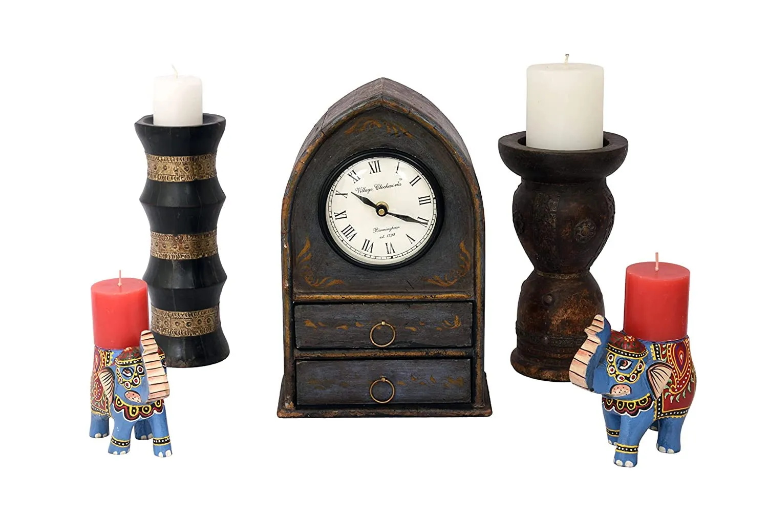 VMAntique Decor Handicraft Showpiece Table-Clock, Wooden Floral Painted Drawer-Clock,Gift Item Table-Clock, Study-Office-Drawing Room Decors Table-Clock