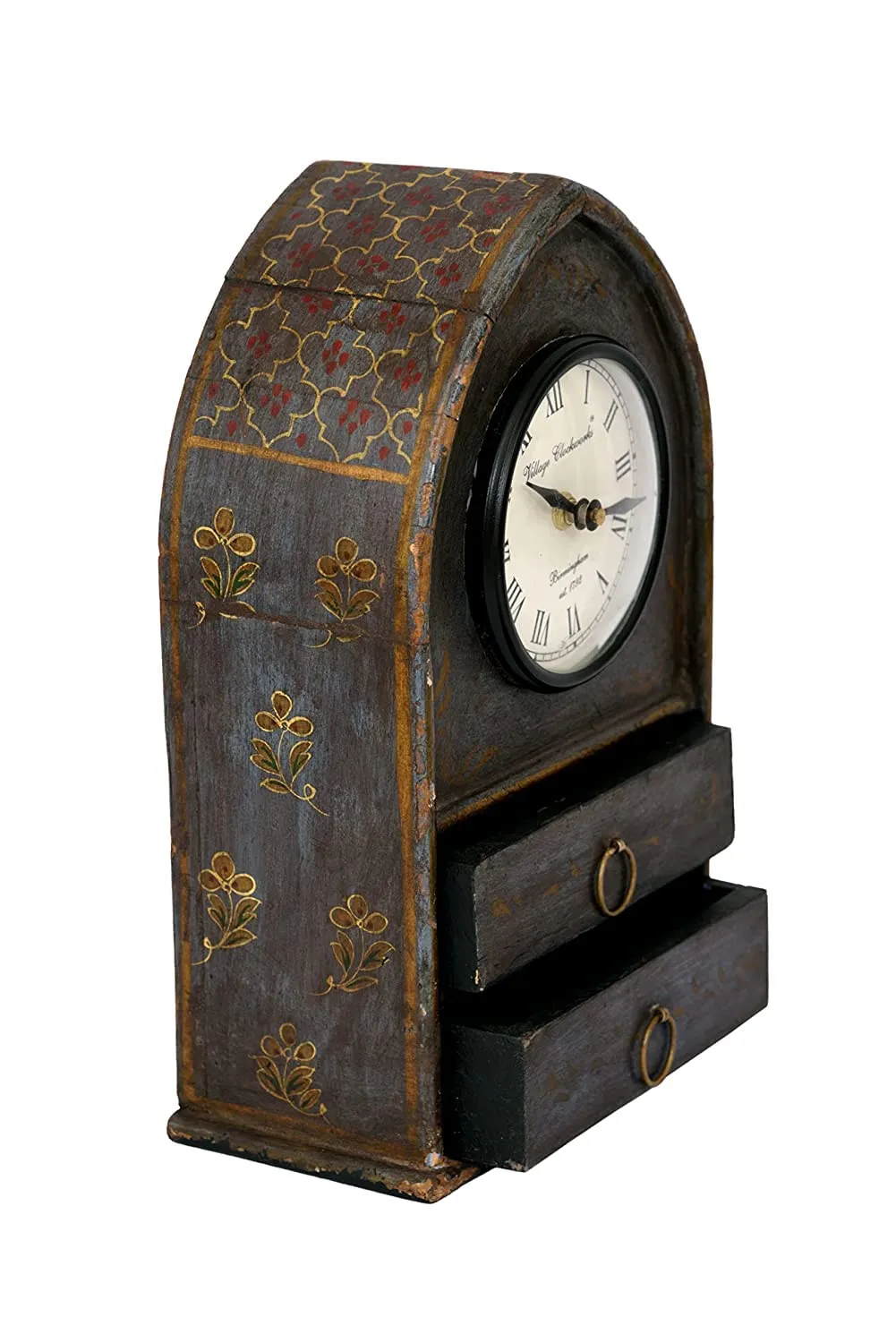 VMAntique Decor Handicraft Showpiece Table-Clock, Wooden Floral Painted Drawer-Clock,Gift Item Table-Clock, Study-Office-Drawing Room Decors Table-Clock